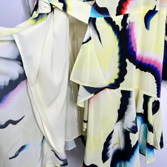 A.L.C. Enzo Silk Chiffon Wrap Dress Yellow Psychedelic Mini Womens 6 - Picture 7 of 16